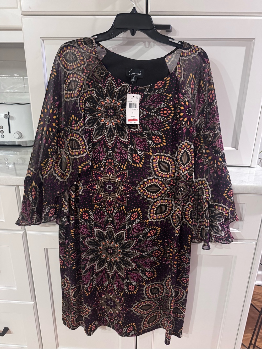 connected apparel Black Floral Medallion Bell-Sleeve Shift Dress